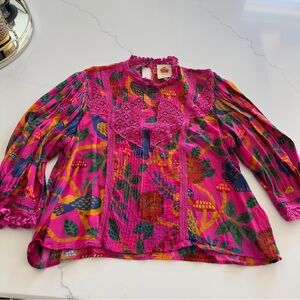 Farm rio Pink Patterned Women's Top with lace detail size m